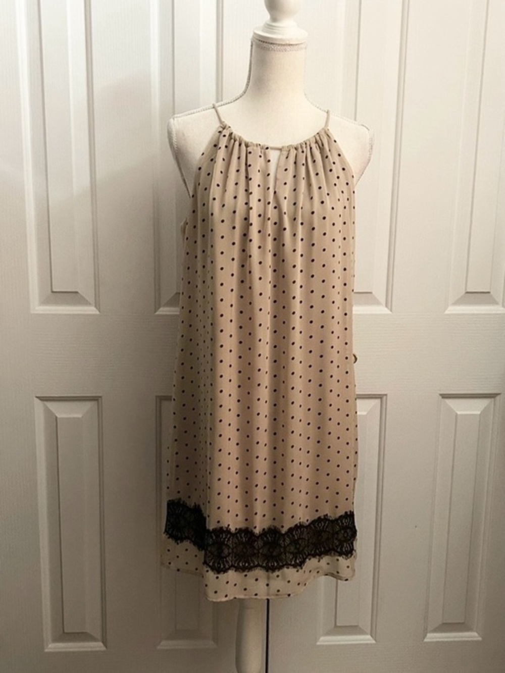 HARKHAM Los Angeles Sleeveless Polka Dots Midi Dress, Beige & Black, 10, DEFECT